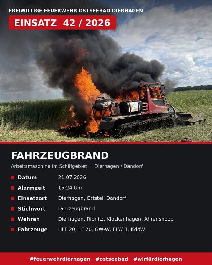 Brennende Arbeitsmaschine im Schilf bei Dändorf